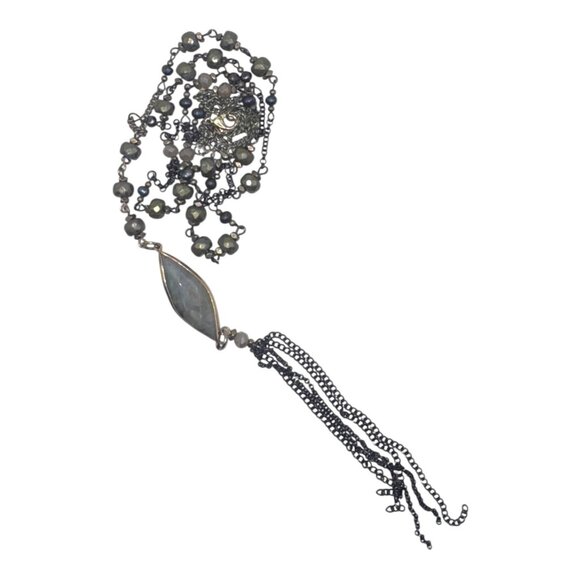 Vintage Labradorite Pendant With Long Citrine & Gunmetal Beads Necklace Tassel - Picture 2 of 11